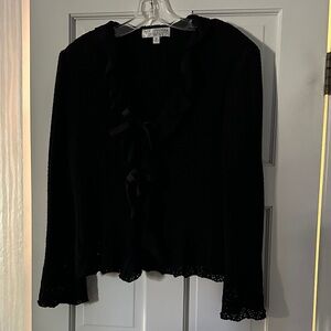 Black Ruffled Women's knit tie front cardigan.